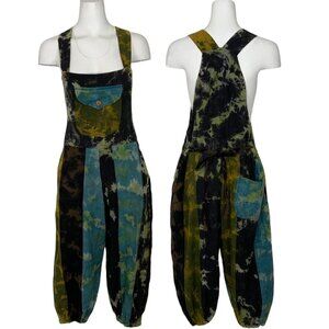 Patchwork Tie Dye Harem Overalls Jumpsuit L/XL Tie Back Pockets Bohemian